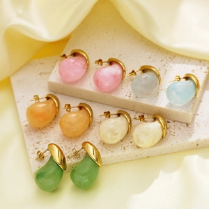 Fashion gold-plated teardrop earrings with colorful marble resin drops in multiple colors
