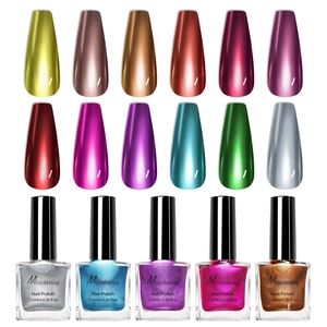 Detailed set of metallic mirror finish nail polish bottles and glossy nail swatches