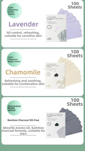 Three packs of oil-blotting papers in lavender, chamomile, and bamboo charcoal varieties