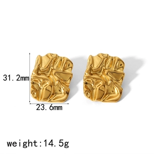 Golden 18k plated stainless steel earrings with geometric folded texture, 31.2mm x 23.6mm size