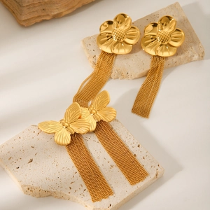 Elegant gold stainless steel sunflower and butterfly tassel drop earrings for women