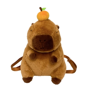 Cute Capybara plush backpack with orange decoration and adjustable brown straps