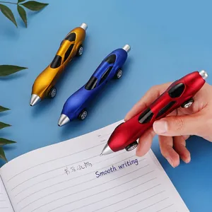 Racing car shaped ballpoint pens in metallic gold, blue, and red with smooth writing