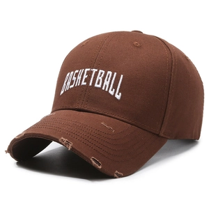 Distressed brown canvas baseball cap with white basketball embroidery for casual outdoor wear