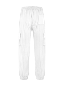 Detail of white cargo pants with textured fabric, elastic waist and side flap pockets