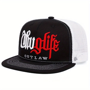 Detail of Thug Life embroidery on two-tone flat brim trucker hat with breathable mesh