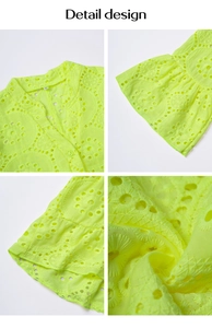 Détails de la broderie ajourée jaune fluo sur haut col en V avec poignets à volants