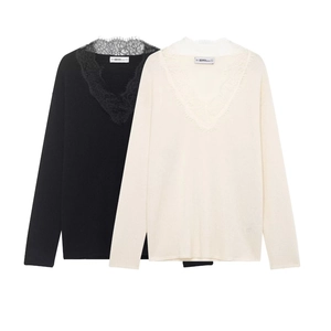 Women Elegant V Neck Knitwear Long Sleeve Sweater With Eyelash Lace Trim Solid Color Fashion Casual Top
