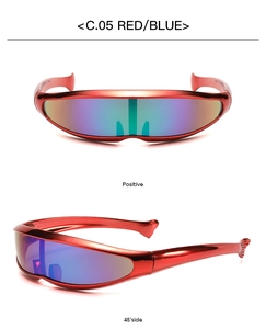 Dual view of red metallic Y2K sunglasses with iridescent blue-green lenses and futuristic frames