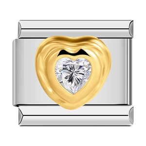 Italian charm link with silver base and gold heart border holding a clear heart gem