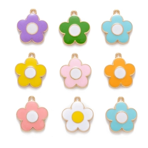 Set of nine colorful enamel flower pendants for DIY jewelry making on white background