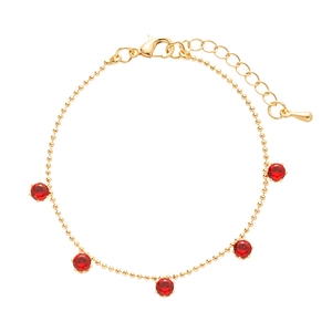 Elegant gold bead chain bracelet featuring five vibrant red round cubic zirconia stones