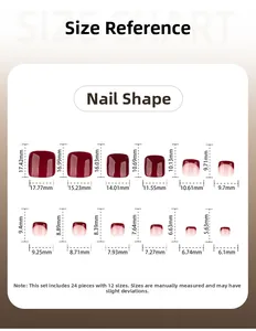 Size chart showing 24 pieces of red French press-on toenails in 12 different sizes