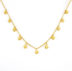 Detail of gold heart pendant necklace featuring eleven 3D heart charms on a sleek chain