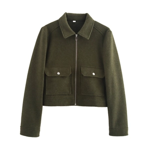 Women's olive green tweed jacket with large flap pockets and a sleek metal zipper
