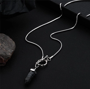Titanium steel snake chain necklace featuring a silver dragon ring and hexagonal crystal pendant