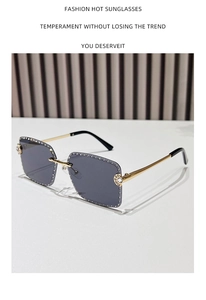 Detail of square rimless sunglasses with gradient grey lenses and silver rhinestone edges