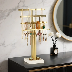 Tiered Jewelry Display Rack Gold Metal Necklace Holder Bracelet Stand T Bar Earring Organizer With Sturdy White Base