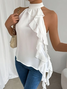 Sleeveless white halter top with layered ruffle details and chiffon texture for women