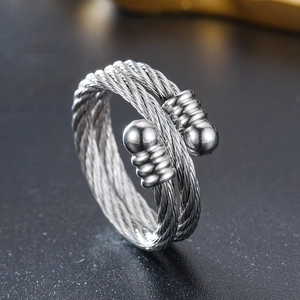 Silver twisted wire titanium steel open ring with ball ends for men and women