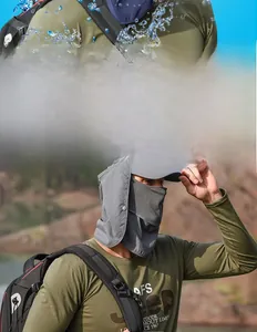 Detailansicht des grauen Multifunktions-Sonnenhuts mit Maske und Nackenschutz