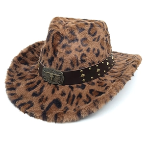 Detail of leopard print fedora hat featuring a studded leather band and retro bull head buckle