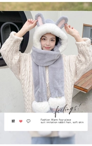 Detail of soft faux rabbit fur texture on a 3-in-1 winter hat scarf and glove set