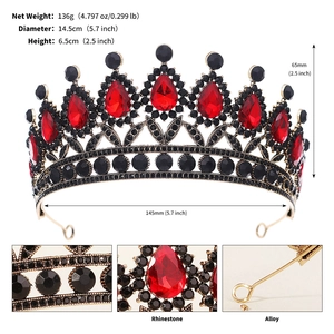 Detail view of red rhinestone bridal tiara with 14.5cm diameter and 6.5cm height specs