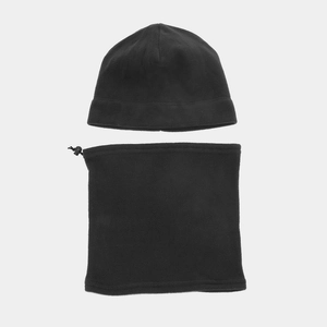 Fleece beanie hat and neck warmer set in black for outdoor winter thermal protection