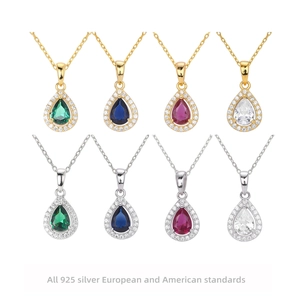Detail view of 925 sterling silver pear-cut necklaces in multiple vibrant gemstone colors