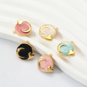 Colorful enamel moon and heart stainless steel round pendants for DIY jewelry making