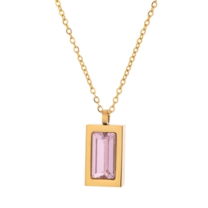 Detail of gold O-chain necklace with rectangular emerald-cut pink purple zircon pendant
