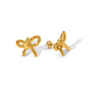 18K gold plated stainless steel bow stud earrings with a smooth polished finish
