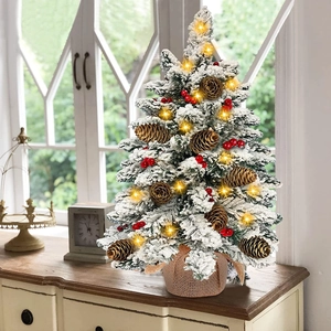 60cm tabletop Christmas tree with snow effects, pine cones, red berries and LED lights