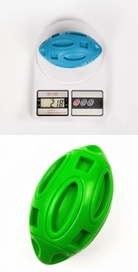 Weight measurement of durable rubber football dog toys in blue and green colors