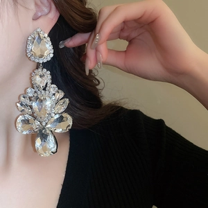 Close-up of sparkling silver drop earrings with faceted crystals worn by a model