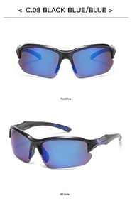 Front and 45-degree side views of black outdoor sports sunglasses with blue gradient lenses