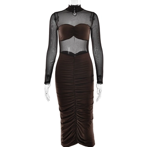 Close-up of mesh splicing and ruched details on a slim-fit sexy long sleeve dress