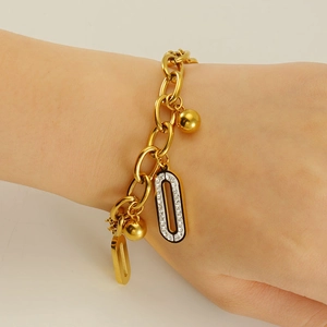 Geometric Pendant Bracelet Stainless Steel 18K Gold Plated Rhinestone Double Layer Chain Trendy Jewelry For Women