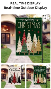 Outdoor Christmas garden flag with colorful trees and Merry Christmas text detail