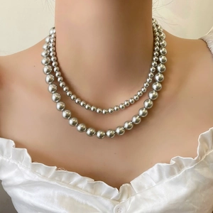 Elegant double-layered silver pearl necklace for women with high luster vintage beads