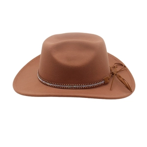 Detail of wide brim western cowboy hat featuring rhinestone stud band and side bow
