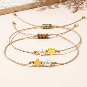 Alloy Heart Cross Charm Woven Rope Bracelet With Imitation Artificial Pearl Adjustable Braided Cord Handcrafted Jewelry For Women