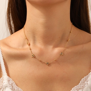 Heart Pendant Necklace Gold Plated Stainless Steel Rhinestone Inlaid Bead Clavicle Chain Sweet Elegant Jewelry For Women