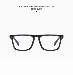 Front view of black square frame glasses with metal rivets and anti-blue light clear lenses