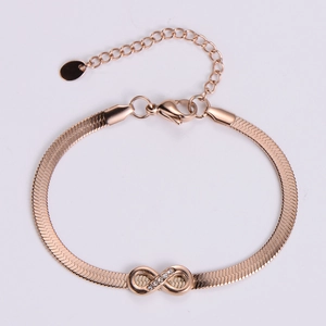 Rose gold infinity symbol bracelet with crystals on a flat stainless steel snake chain