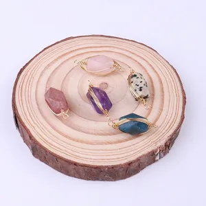 Set of five handmade natural stone rectangular pendants wrapped in gold wire for DIY jewelry