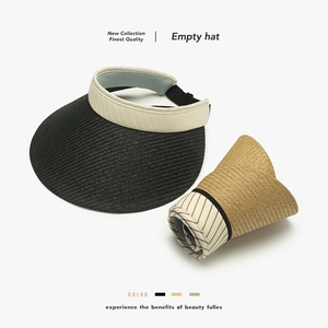 Women Empty Top Sun Hat Paper Straw UV Protection Foldable Stripe Summer Beach Travel Adjustable Korean Style Cap