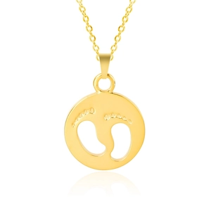 Detailed macro view of 18k gold plated stainless steel necklace with baby footprint pendant