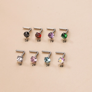 L-Shaped Nose Stud Stainless Steel Round Cubic Zirconia Piercing Jewelry Simple Trendy For Women Men